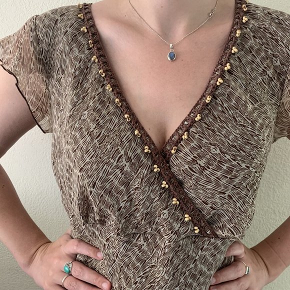 VINTAGE Believe Chiffon Flutter Ruffle Brown Dress wood beads Women's Size 12 - Picture 2 of 13